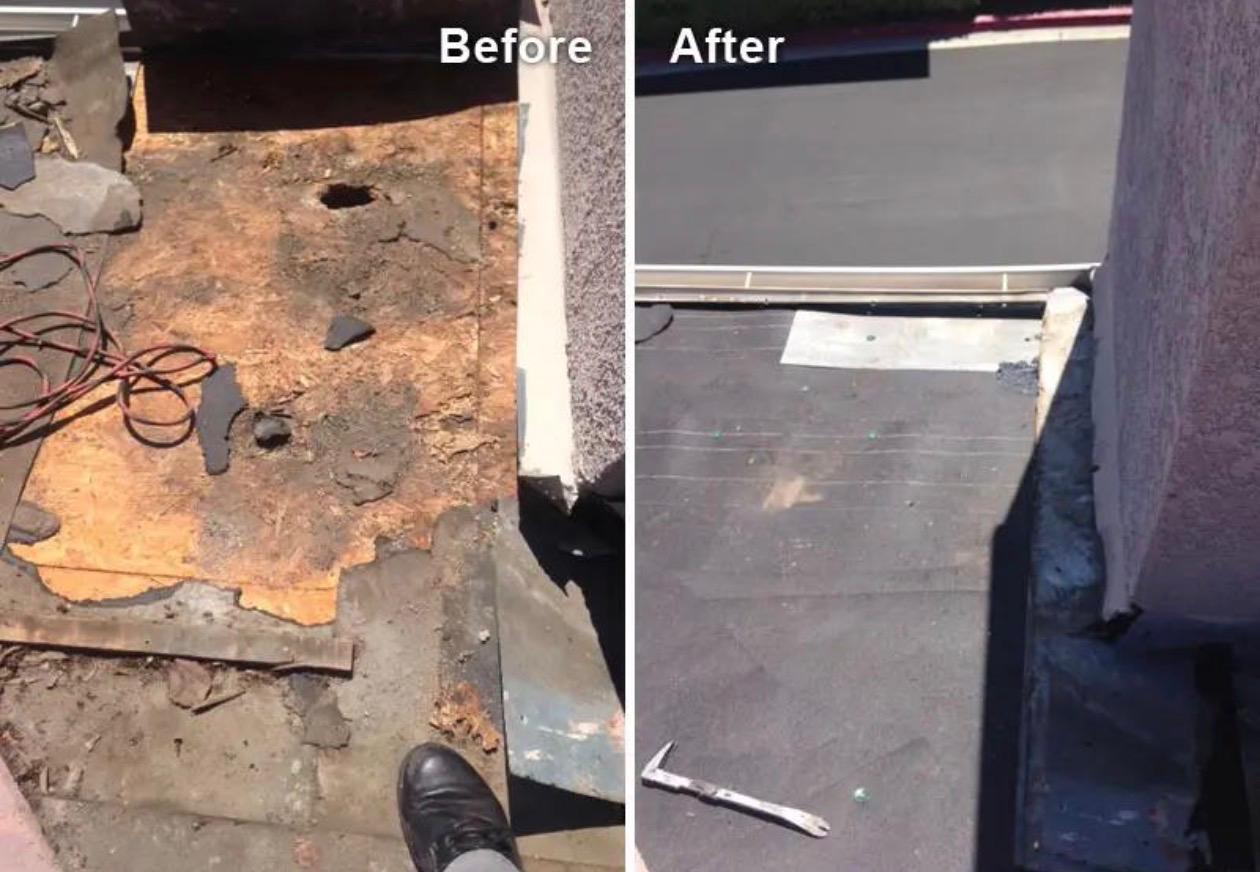 Flat roof leak and dry-rot repair before and after — Bay Area
