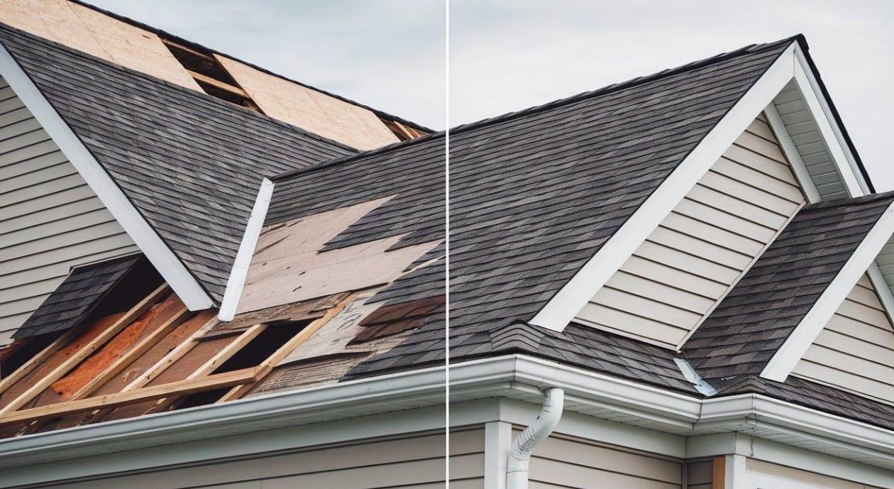Storm damage shingle roof repair before and after