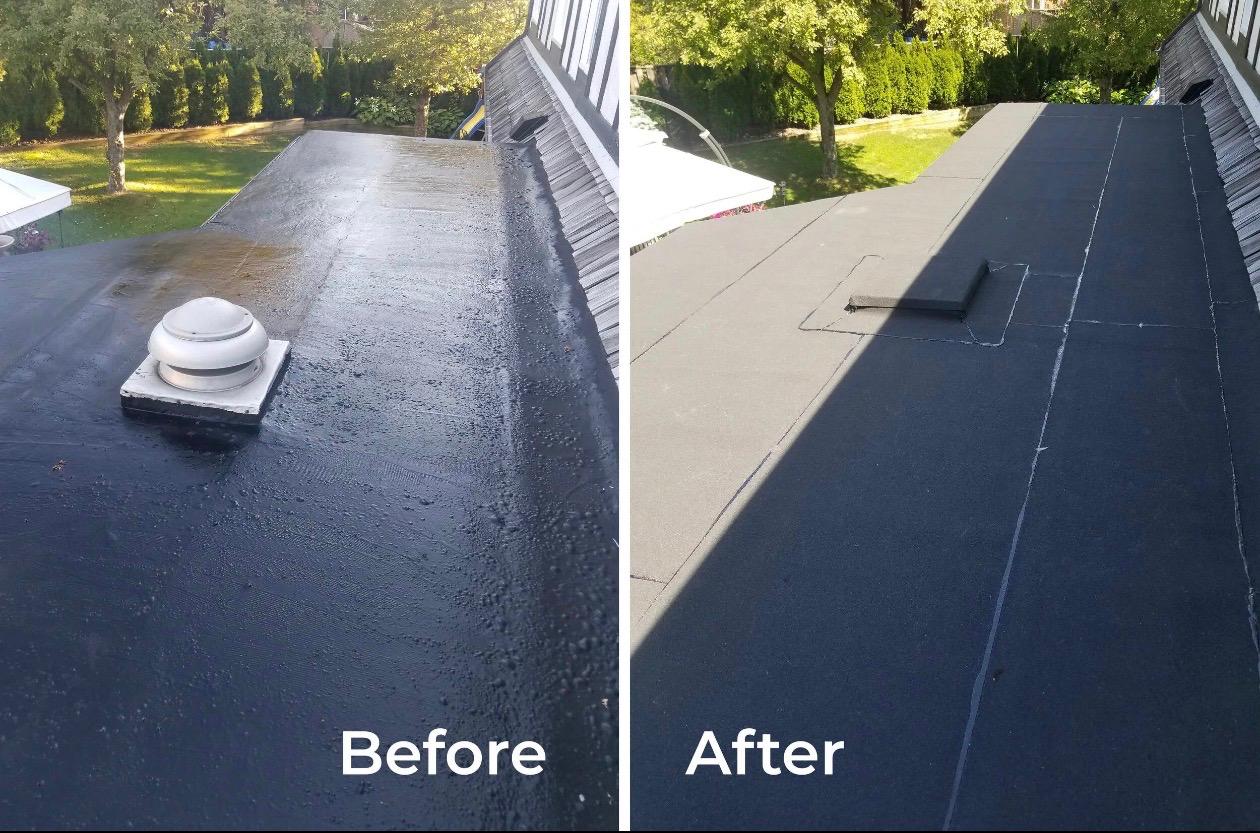 Torch down flat roof replacement before and after — Bay Area